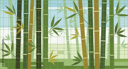 Stylized graphic featuring green bamboo stalks and leaves