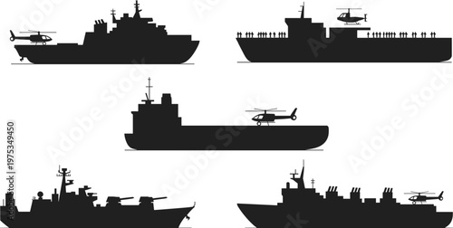 Set of black naval ship silhouettes including aircraft carriers battleships and military vessels with helicopters for marine defense and tactical war concept illustrations.