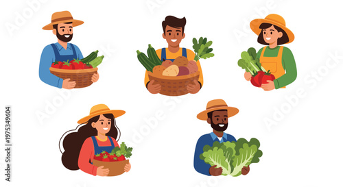 Selection of five diverse male and female farmers proudly holding baskets overflowing with a fresh, organic harvest of different vegetables.