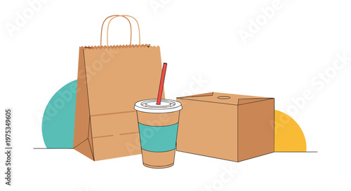 Collection of takeout food packaging including a brown paper bag, a lidded coffee cup with a straw, and a large cardboard meal delivery box.