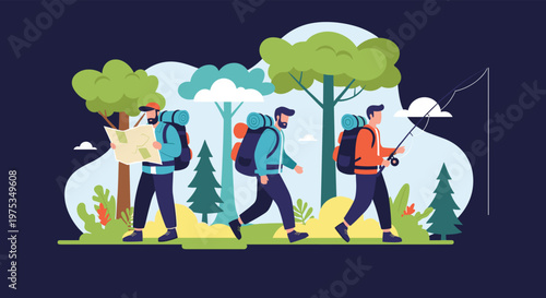 Three male hikers with large backpacks walk through a lush forest while navigating with a map and carrying fishing gear during an adventure.