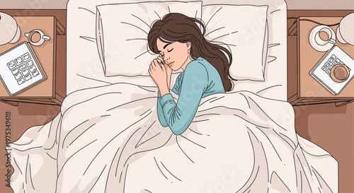 Overhead view of a woman sleeping peacefully in a comfortable bed with soft white linens and bedside tables containing various daily items.