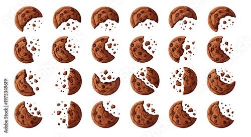 Large pattern of twenty-four chocolate chip cookies showing different stages of being eaten with crumbs scattered around each sweet treat.