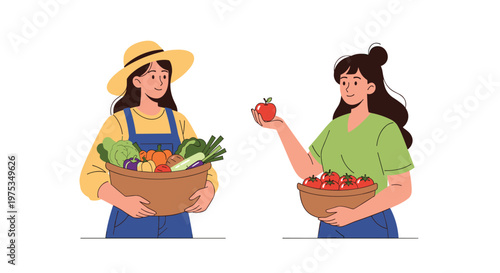 Two young women farmers hold large baskets of fresh harvest vegetables and a red apple to promote healthy eating and sustainable local produce.