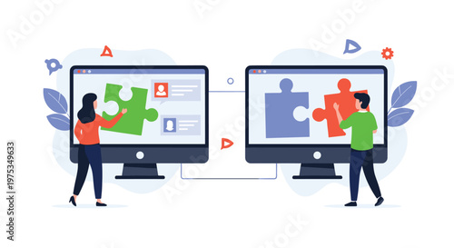 Man and woman collaborate on a digital jigsaw puzzle using two connected computer monitors to represent teamwork and strategic problem-solving.
