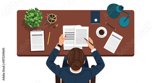 Businesswoman works at a tidy desk reviewing important documents with a cup of coffee, green plant, and lamp in an overhead perspective view.