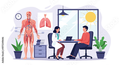 Female doctor in a lab coat consulting with a male patient in a medical office with anatomical diagrams and posters.