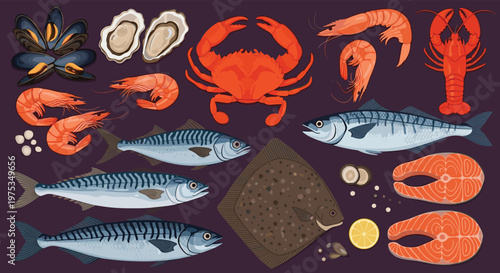 Large assortment of fresh seafood including fish, crab, lobster, shrimp, oysters, and salmon fillets on purple background.