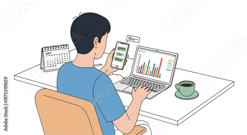 Businessman working on laptop, analyzing data, office workspace, productivity scene