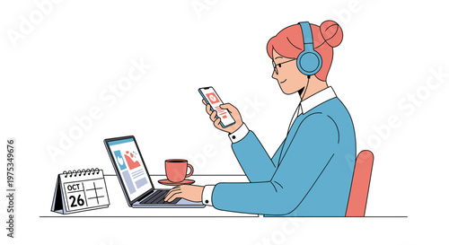 Businesswoman working remotely, woman in headphones using laptop and phone, office workspace illustration