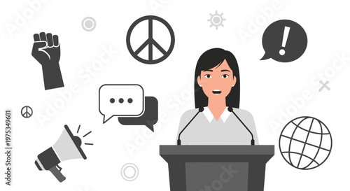 Protest, activism, and communication icons, woman at podium vector graphics