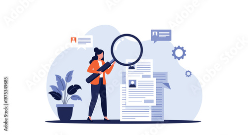 Professional woman using a giant magnifying glass to examine job resumes for recruitment and hiring processes.