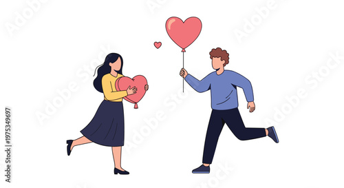 Romantic couple running towards each other holding heart-shaped balloons to celebrate their love and affection.