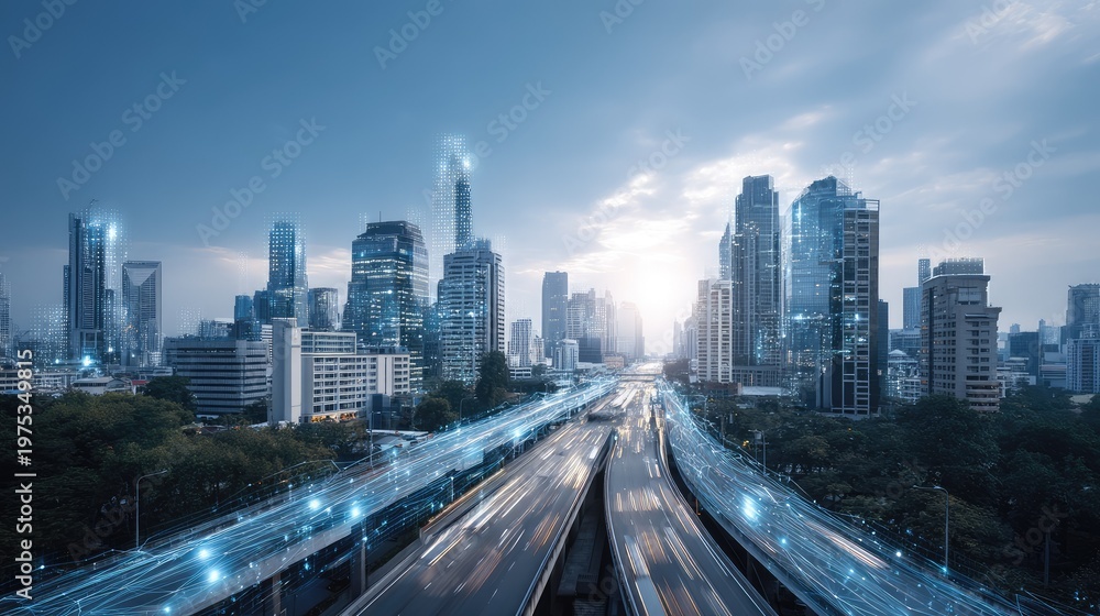 Fototapeta premium Stunning Urban Skyline with Modern Skyscrapers and Futuristic Digital Effects Representing Technology and Connectivity in a Bustling Metropolis