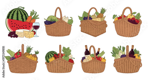 Set of woven wicker baskets filled with various fresh fruits, vegetables, bread, and bottles of wine for a picnic.