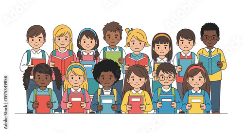 Group of diverse school children in uniforms standing together and holding open or closed books in their hands.