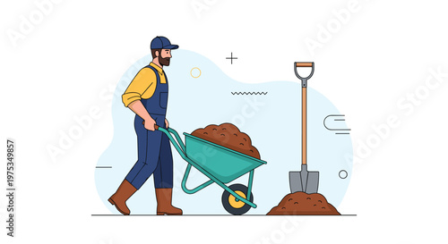 Male construction worker or gardener wearing blue overalls and cap pushing a wheelbarrow full of brown soil.