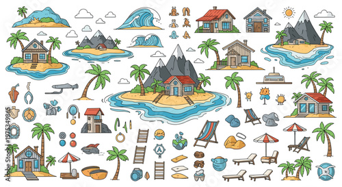 Collection of various tropical islands, beach houses, mountains, and summer vacation items like chairs and umbrellas.