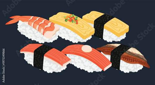 Detailed illustration showing a variety of traditional Japanese sushi pieces including nigiri with shrimp and eel.