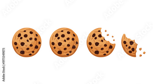 Set of four chocolate chip cookies showing the stages from being whole to having bites taken until a small piece remains.