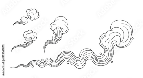 Artistic black and white line drawings of various smoke plumes and clouds swirling across a white background.