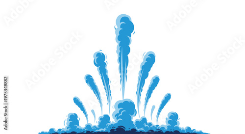Graphic illustration of several blue steam, smoke, or water plumes rising and spraying upwards into the air.
