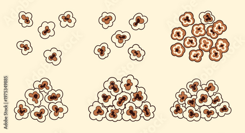 Collection of several drawings showing individual popcorn kernels and various sized piles of popcorn on yellow.
