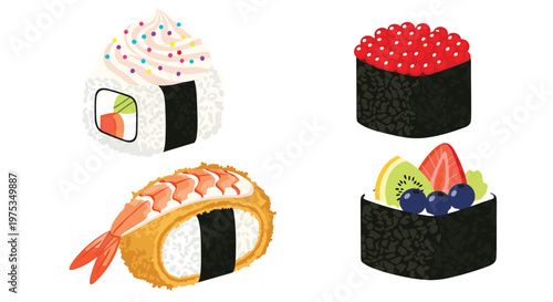 Set of four creative sushi pieces including a roll with frosting and sprinkles and one topped with berries and kiwi.