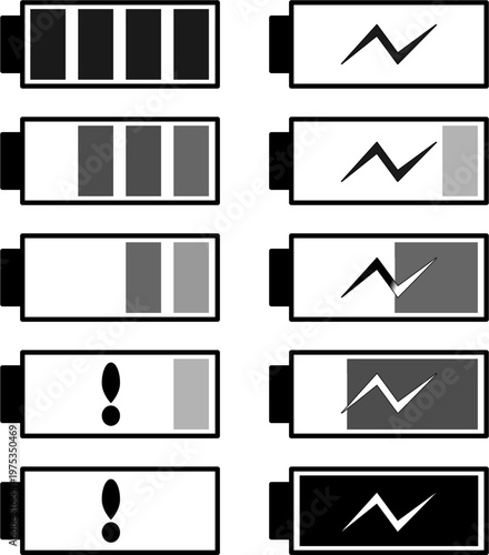 A complete set of 10 minimalist battery status icons in a plain black and white style. Includes various power levels from full to empty, a low battery warning icon with an exclamation mark, and a char