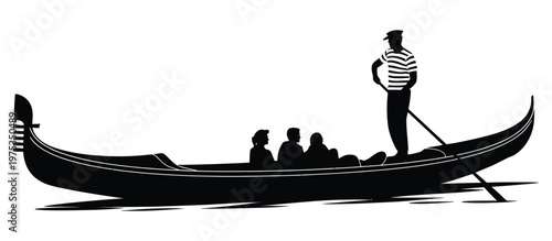 A gondola with a striped shirted gondolier and passenger is depicted in a stark black silhouette, elegant and detailed modern vector artwork, representing Venice travel, romance, and classic European 