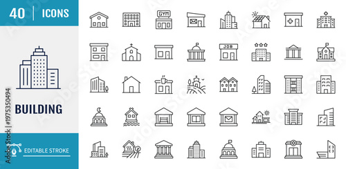 Building icon set. Includes Hotel, hospital, city, town house, mall, coffee. Outline icon set. Vector illustration. editable stroke