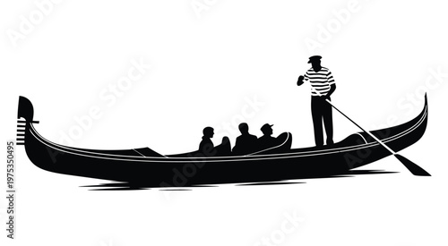 A gondola with a striped shirted gondolier and passenger is depicted in a stark black silhouette, high quality professional detailed modern elegant