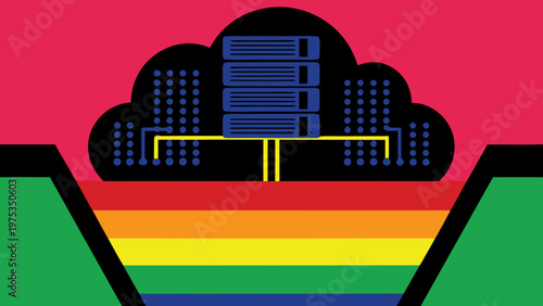 Server rack sits inside a cloud computing network structure.