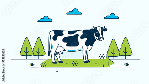 Cow grazes peacefully in a green meadow with trees.