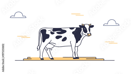 Cow stands in a simple pasture under a bright sky.