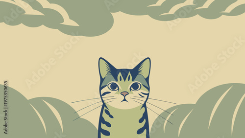 Cat sits calmly under a sky filled with soft clouds in this artistic digital illustration.