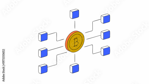 Bitcoin coin connects to digital blocks in a modern network concept.