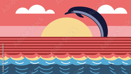 Dolphin leaps over ocean waves during a vibrant sunset in this artistic landscape illustration.