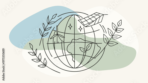 Globe features renewable energy symbols including wind turbines and solar panels.
