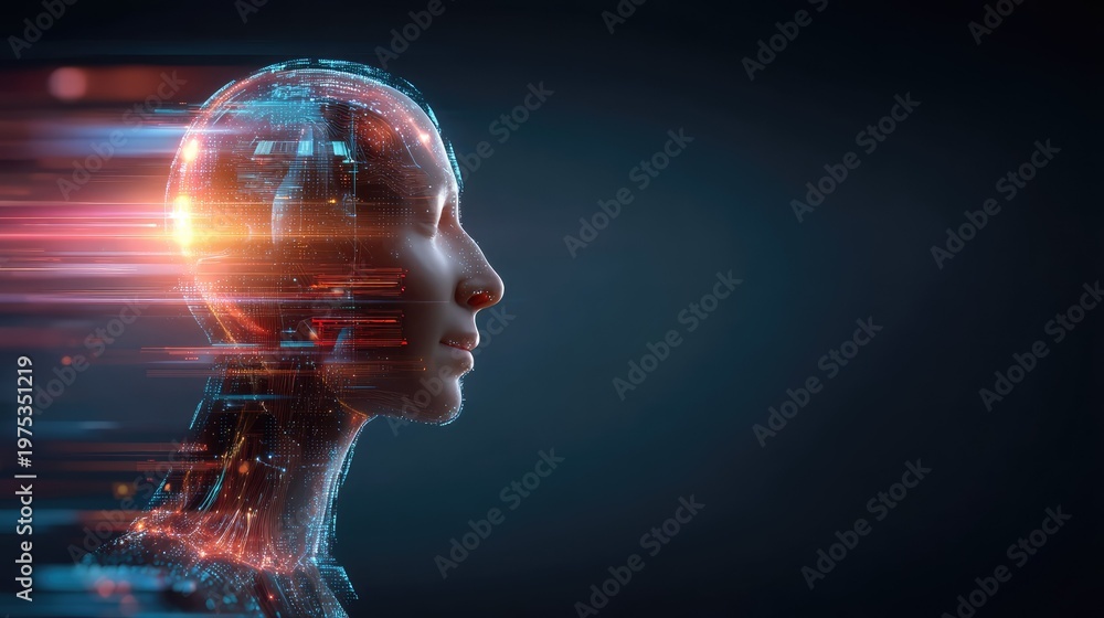 Obraz premium Futuristic digital human silhouette with glowing circuit patterns and motion blur, representing technology and innovation in artificial intelligence
