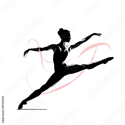 Elegant ballet dancer in mid-leap with ribbons