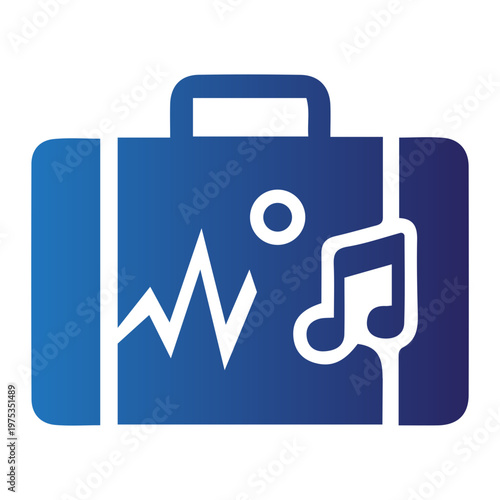 Blue suitcase icon with sound wave and musical note, representing travel and audio experiences
