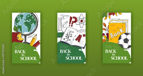 Back to school vector banners set. Education elements flyer composition. Kids posters collection. Childish style advertising template. Vertical layout. Math, chemistry class. Textbook, supplies store