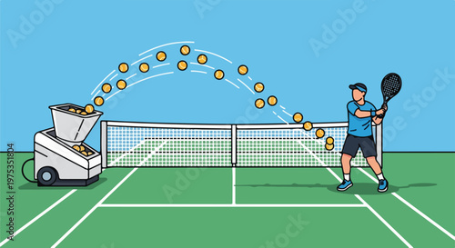 Tennis illustration showing player hitting a ball from a machine