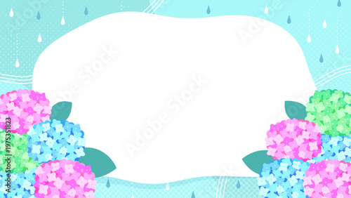 アジサイと雨模様の梅雨のフレーム背景素材（フルHDサイズ・16:9）