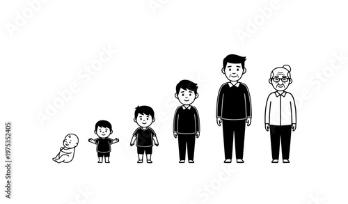 Black and white male life stages progression from newborn to elderly man cartoon vector illustration