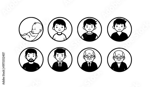 Black and white male life stage icons set from baby to elderly man cartoon vector collection