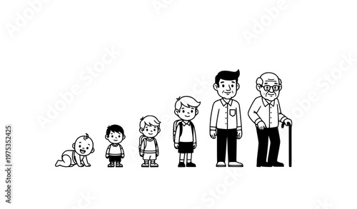 Vertical black and white male age stages set from baby to senior man cartoon vector illustration