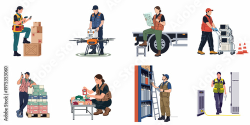 Professional illustrations showing medical logistics and emergency personnel managing supplies, drone delivery, inventory, and specialized equipment for humanitarian aid operations.