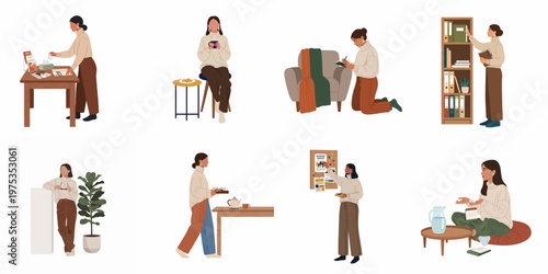 A set of flat illustrations of women in neutral clothing performing various daily activities like reading, writing, and organizing at home or in an office.
